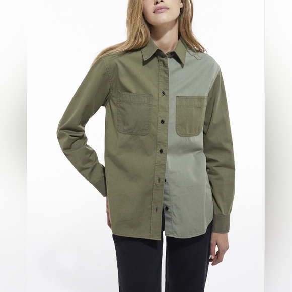 The Kooples Two-Tone Patchwork Cotton Denim Shirt Front Pockets Khaki Olive Sz S - Picture 4 of 11